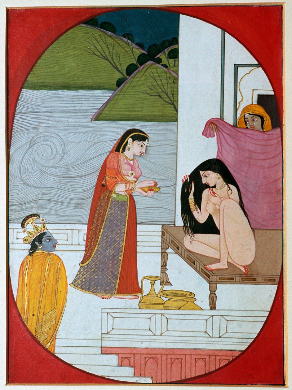 Maleri af guden Khrishna, der ser Radha ved hendes bad, 1800-tallet af Unbekannt