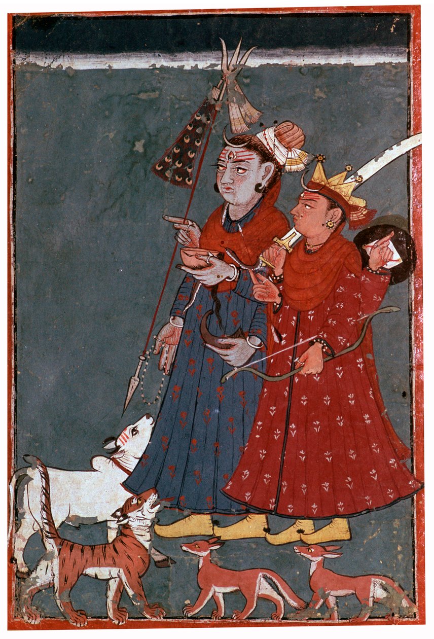 Maleri af guderne Shiva og Krishna ledsaget af en tyr, tiger og sjakaler af Unbekannt