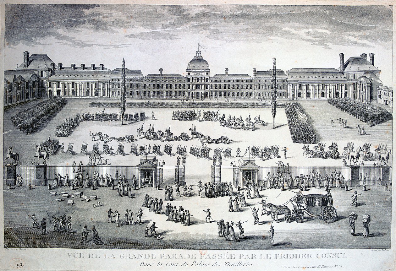 Parade af tropperne under den store parade, Tuileries Palace, 1800-tallet af Unbekannt