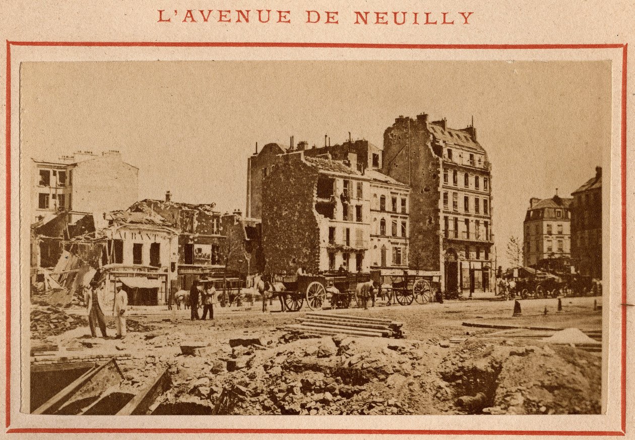 Paris kommune (1871): udsigt over avenue de Neuilly i Paris i maj 1871. Foto af Pierre Pepetit. Tryk på pap, Dim. 9x5,4 cm af Unbekannt