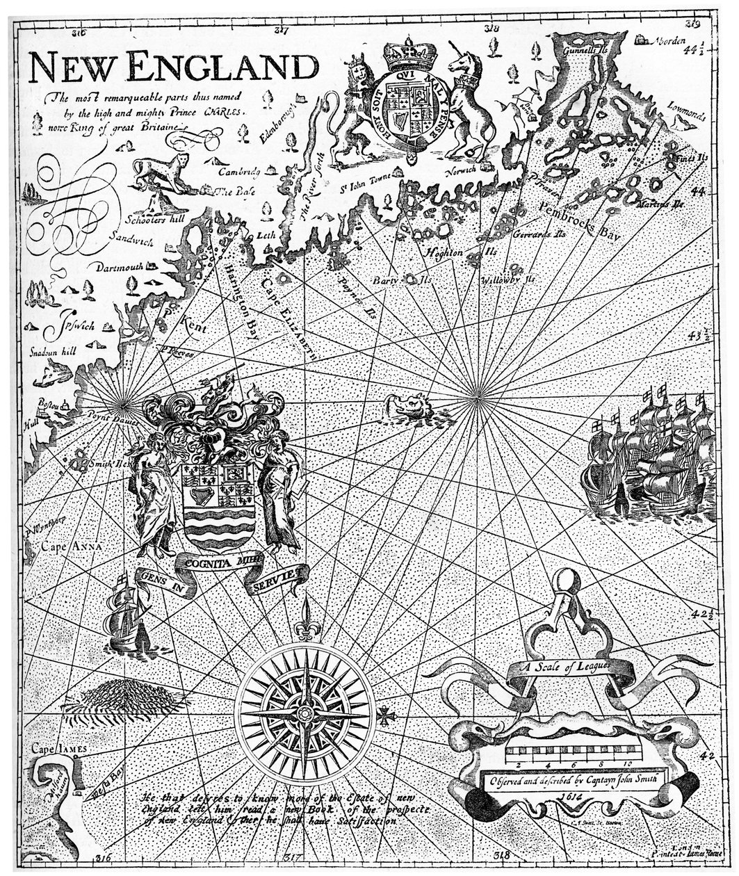 En del af kaptajn John Smiths kort over New England, 1600-tallet c1880 af Unbekannt