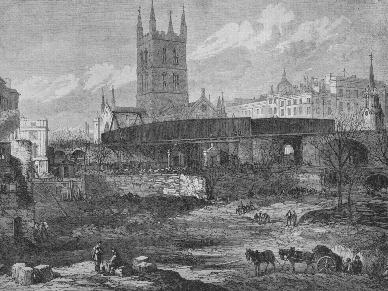 En del af stedet for St. Thomass Hospital i Southwark bliver ryddet til jernbaneformål, c1862, af Unbekannt