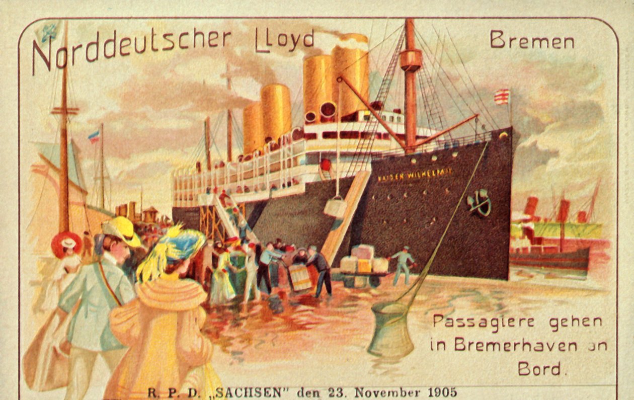 Passagerer går ombord på den gigantiske SS Kaiser Wilhelm II i Bremerhaven, 1905. af Unbekannt