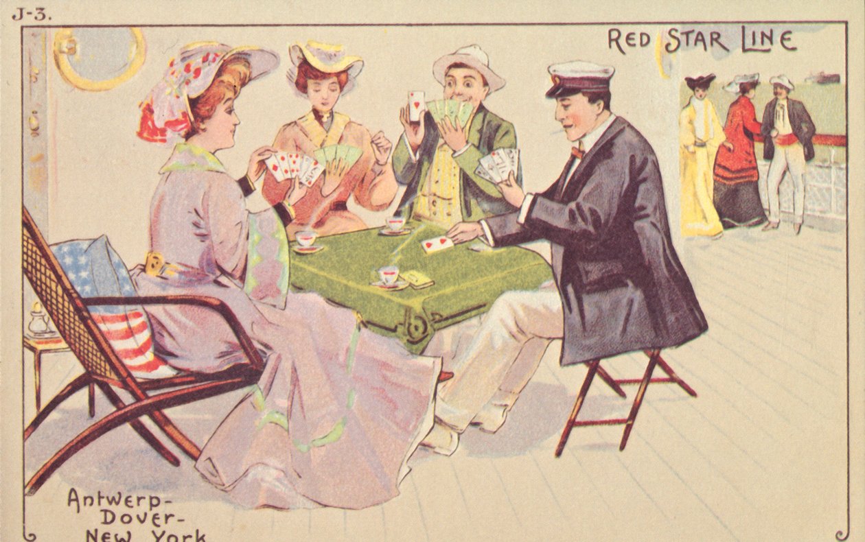 Passagerer spiller kort på dækket af en Red Star liner, 1907. af Unbekannt