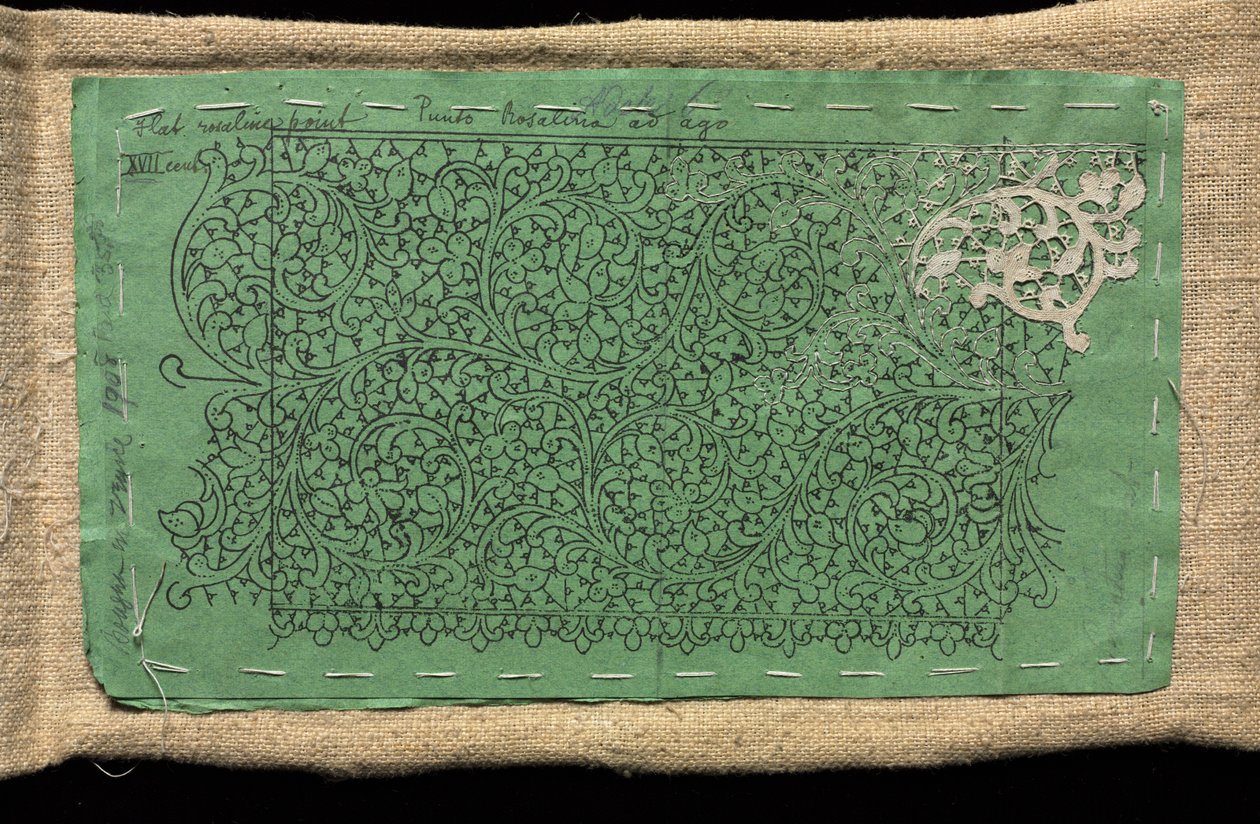 Mønster til blonder med lille sektion af venetiansk flad spids blonde bearbejdet på det, 1600-tallet. af Unbekannt