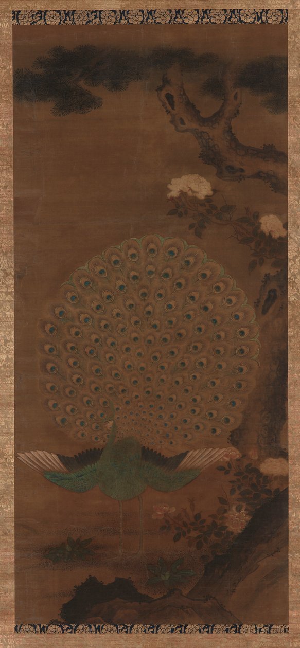Påfugl, pæoner og fyr, Edo-perioden, 1615-1868. af Unbekannt