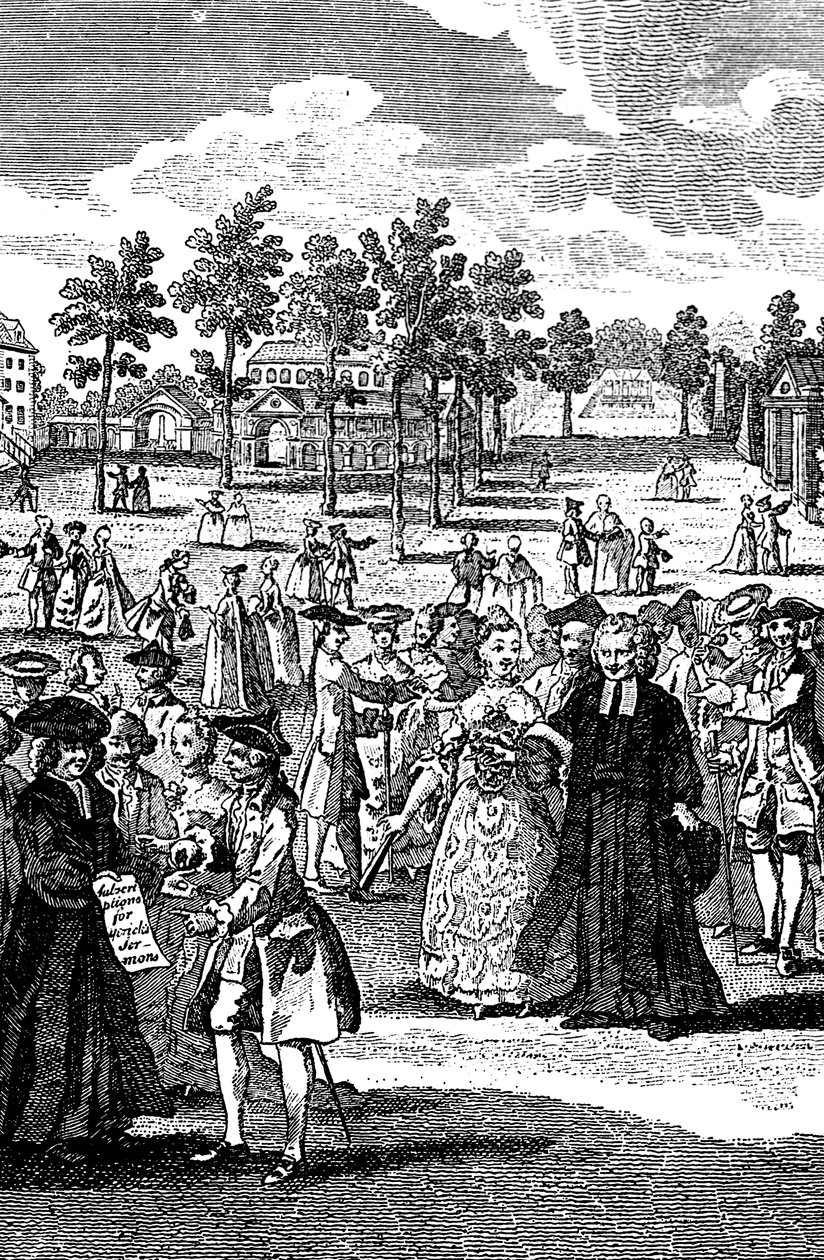 Mennesker i haverne i et herskabshus, 1700-tallet af Unbekannt