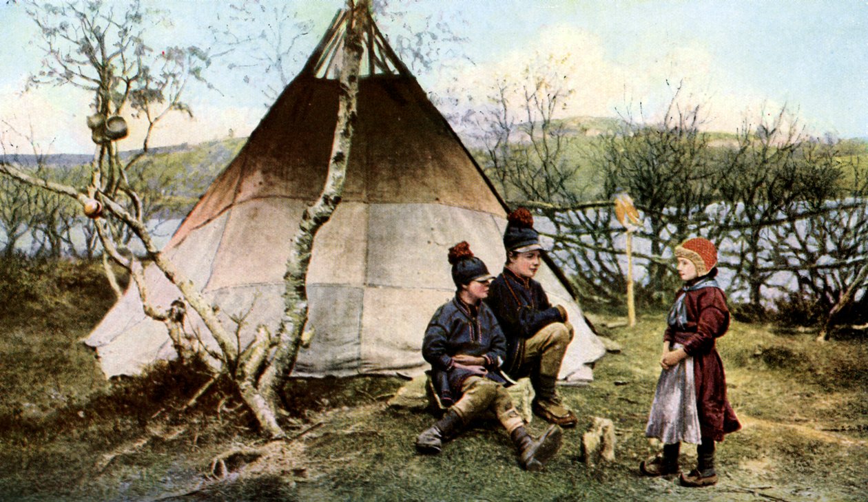 Folk med et traditionelt telt, Lapland, Sverige, c1923 af Unbekannt