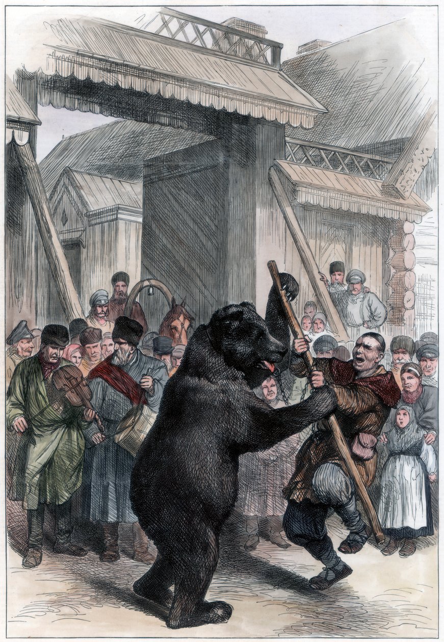 Optrædende bjørn i en russisk landsby, 1877 af Unbekannt