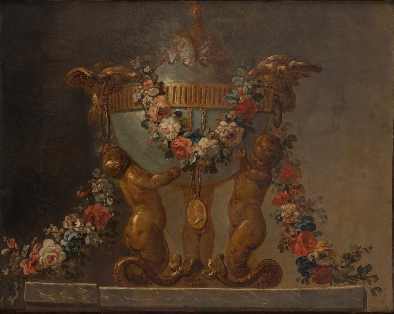 Parfumebrænder understøttet af baby tritons og kranset med blomster, 1700-tallet. af Unbekannt