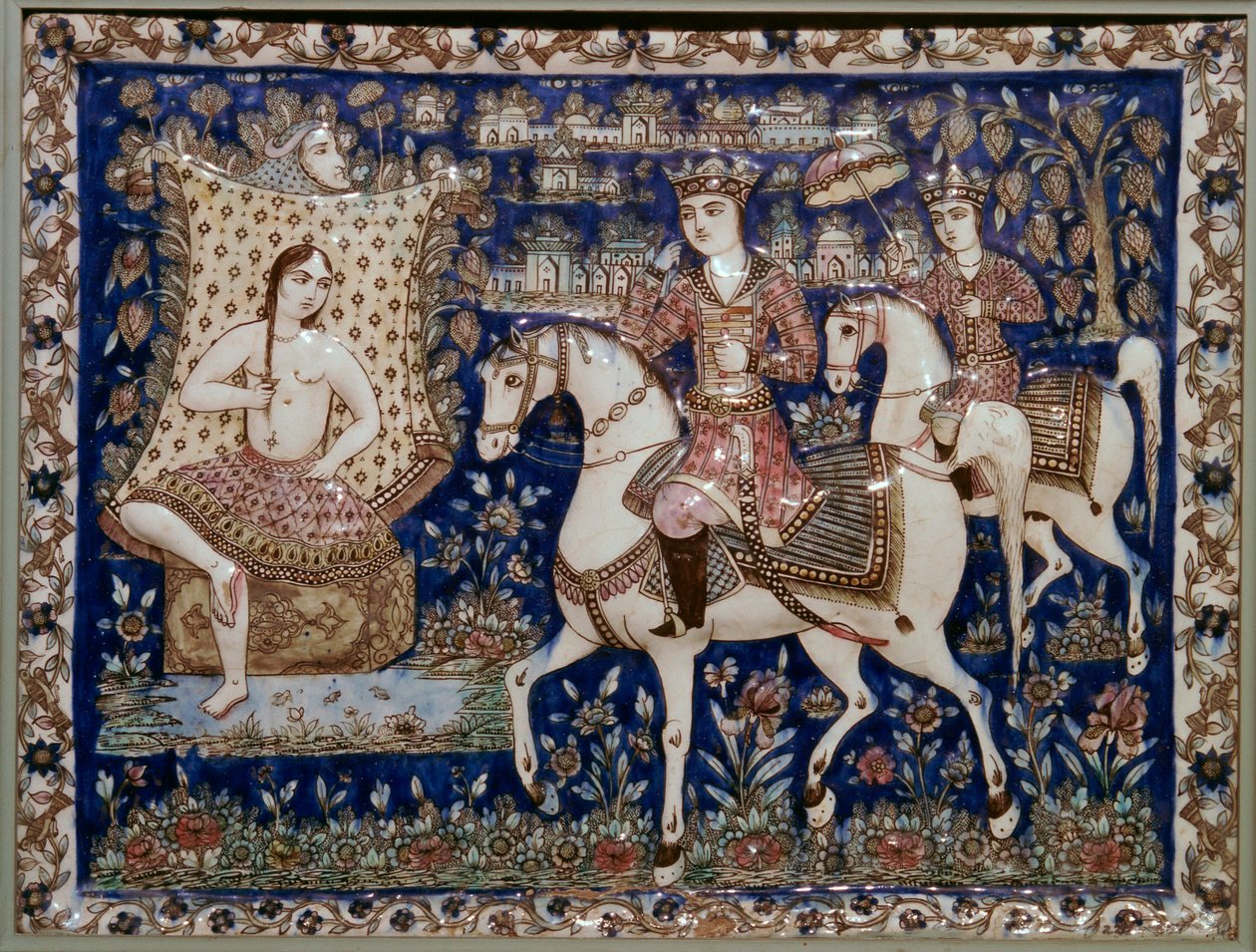 Persisk flise, der forestiller Khusrau, der ser Shirin bade, 1800-tallet af Unbekannt