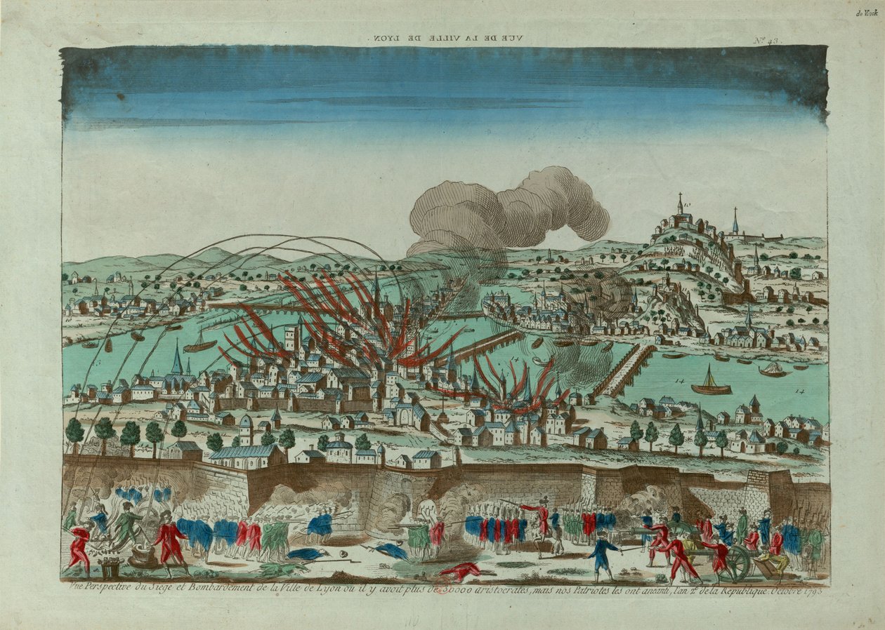 Perspektivbillede af belejringen og bombardementet af byen Lyon i oktober 1793, ca. 1793. af Unbekannt
