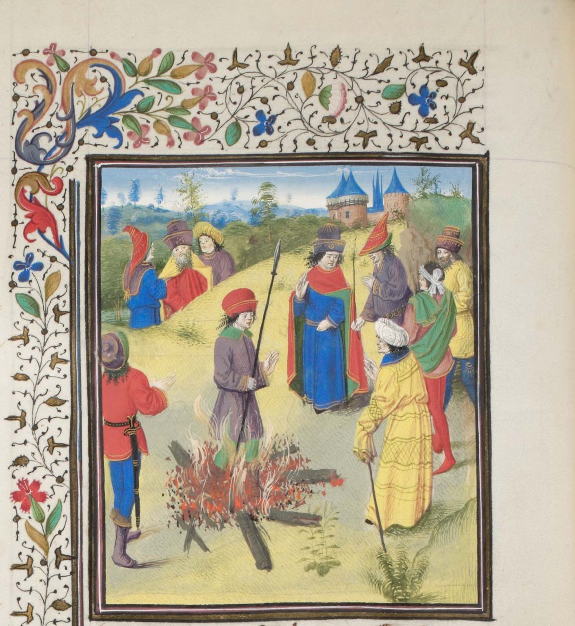 Peter Bartholomew undergår ildprøven. Miniature fra Historia af Vilhelm af Tyrus, 1460