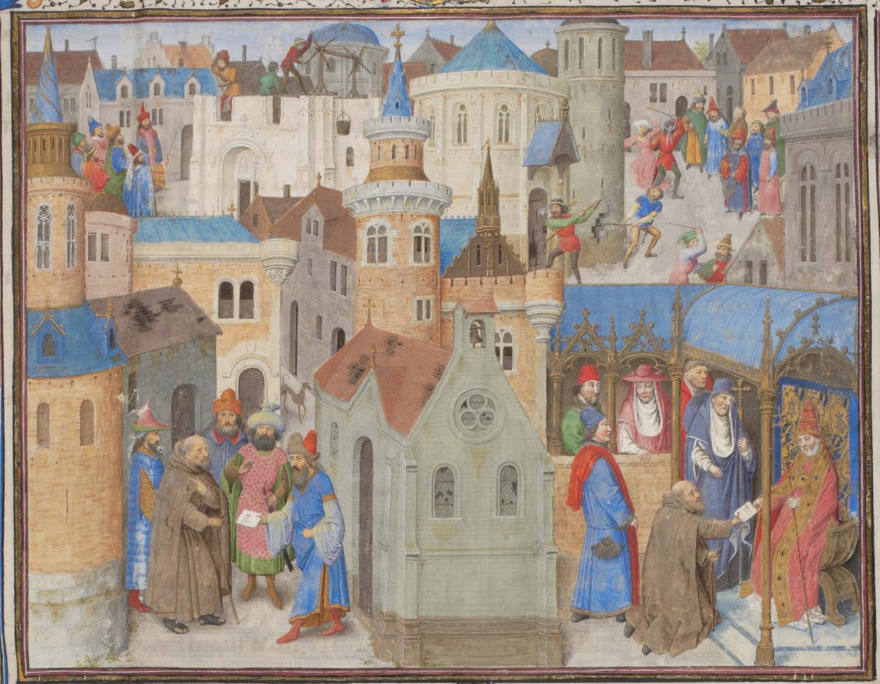 Eremitten Peter hører pave Urban II ved koncilet i Clermont. Miniature fra Historia af Vilhelm af Tyrus, 1460