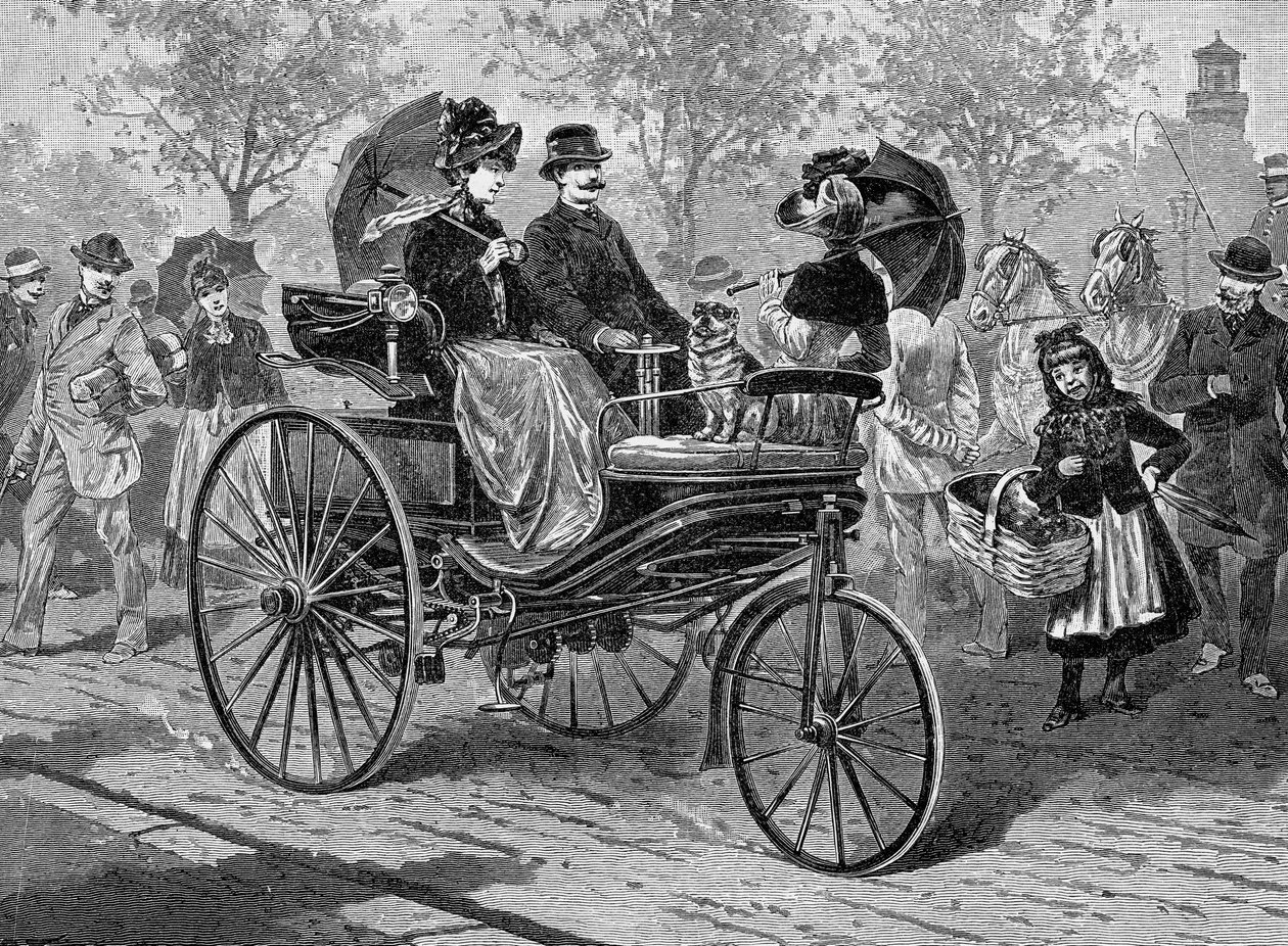 Benzindrevet bil af Benz & Co., i stand til 16 km i timen, c1890