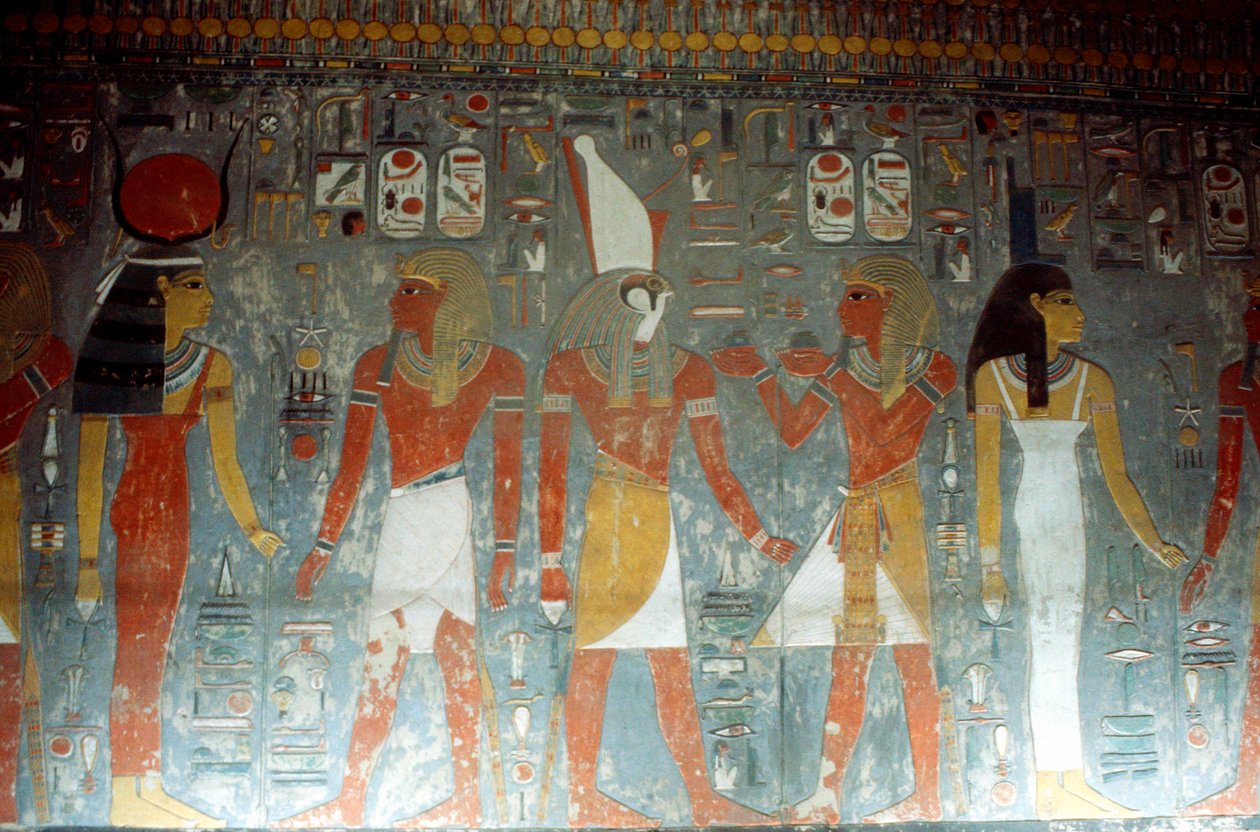 Farao Horemheb med gudinden Isis og guden Horus, oldægyptisk, 1300-tallet f.Kr. af Unbekannt