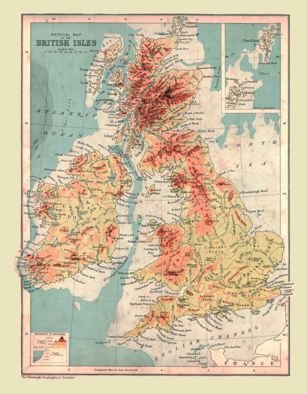 Fysisk kort over de britiske øer, 1902. af Unbekannt