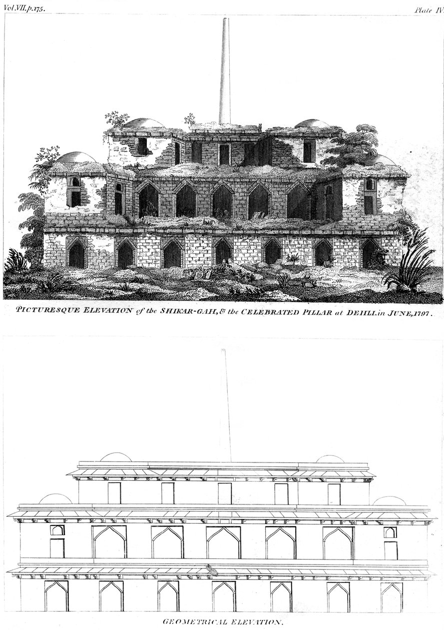 Malerisk forhøjning af Shikar Gah og den berømte søjle i Delhi, juni 1797 1799 af Unbekannt
