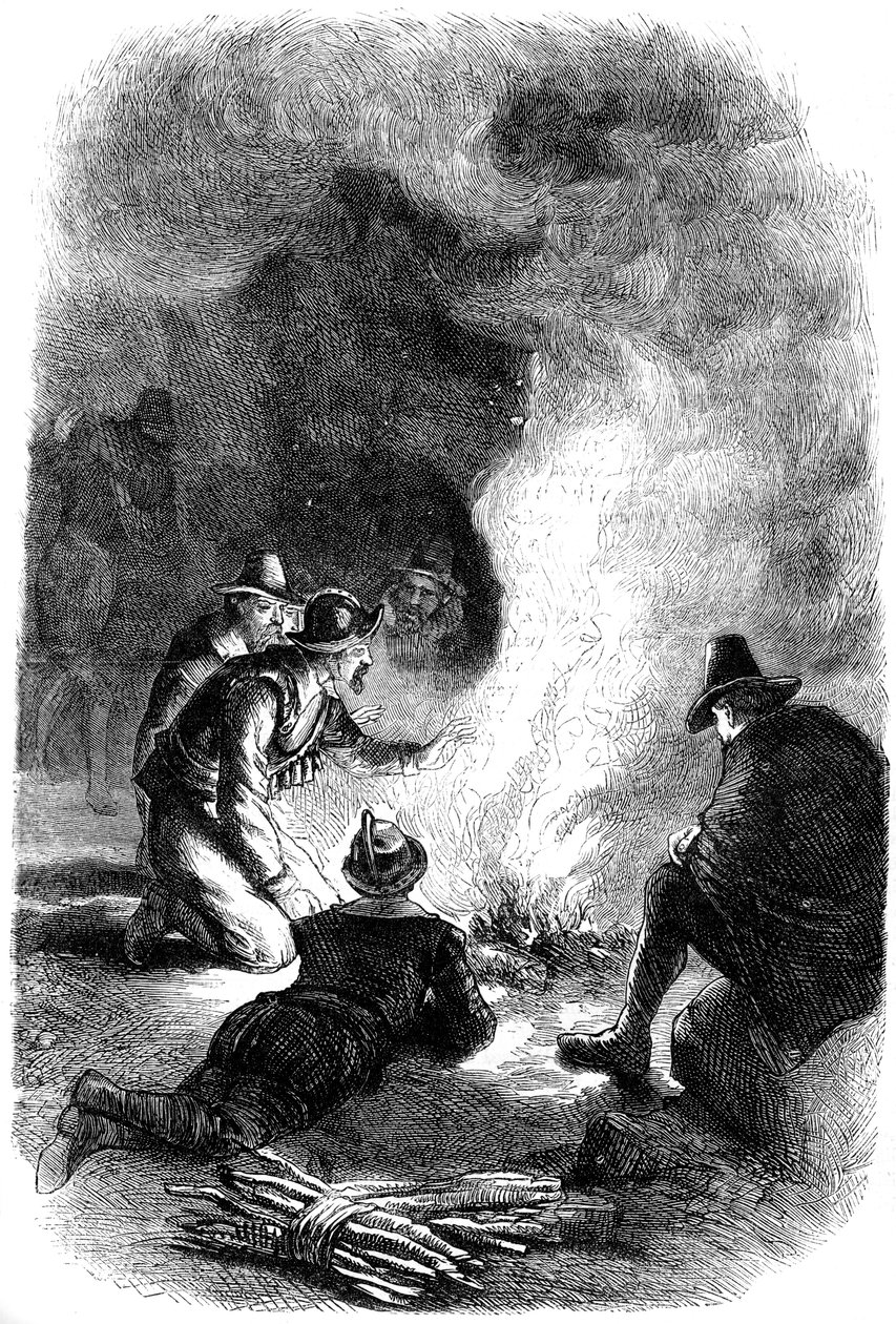 Pilgrimsfædre omkring et vagtbål, c1620 c1880 af Unbekannt