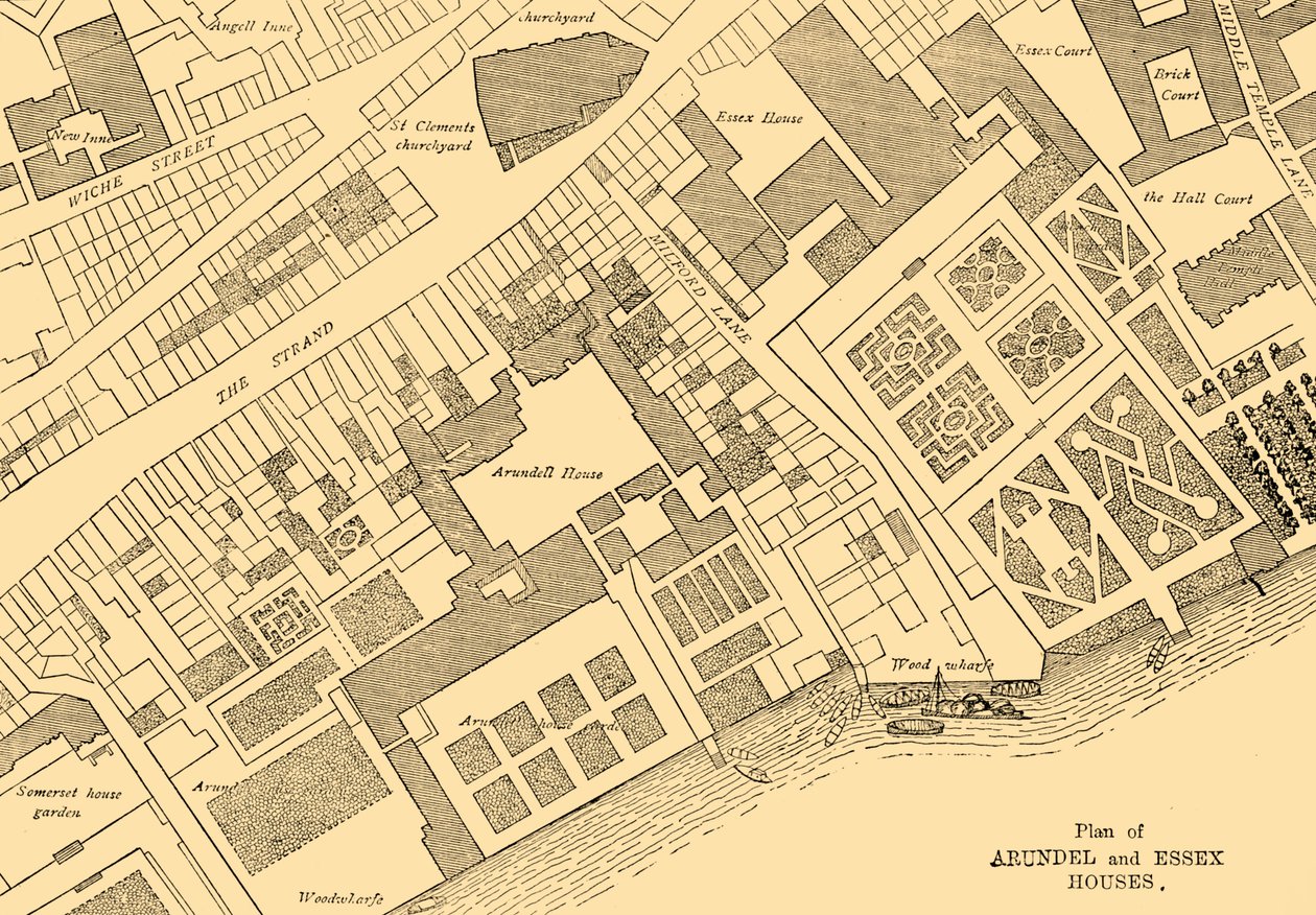 Plan over Arundel og Essex Houses, 1881. af Unbekannt