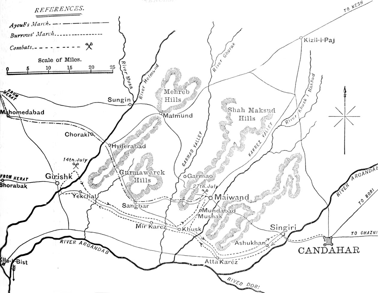 Plan for General Burrows March til Helmund 4-29 juli 1880, c1880 af Unbekannt