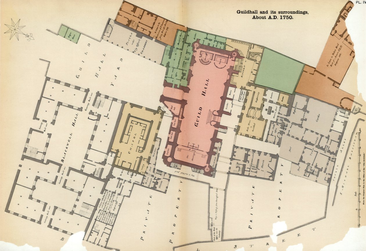 Plan over Guildhall og dens omgivelser, City of London, c1750 1886 af Unbekannt