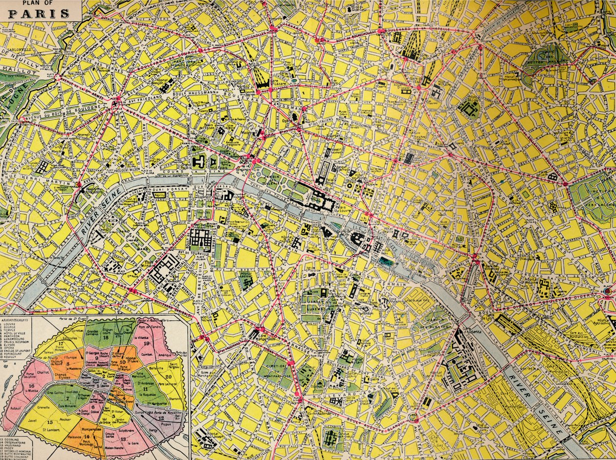 Plan over Paris - Central District of the City of Light, c1930