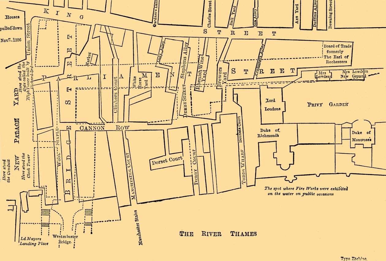 Plan over en del af Westminster mellem 1734 og 1748 - Før opførelsen af Parliament Street, af Unbekannt