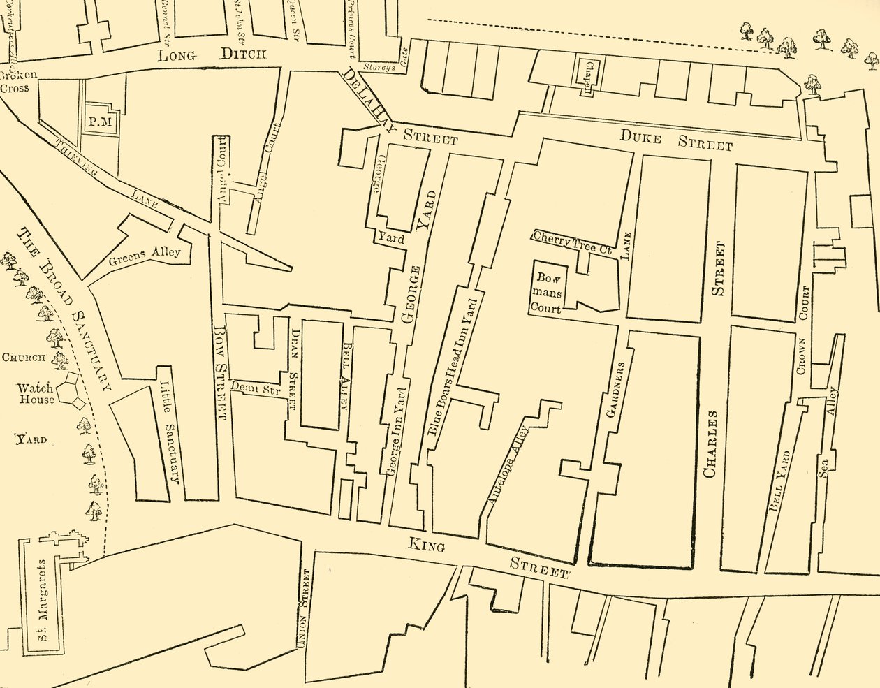Plan over en del af Westminster mellem 1734 og 1748 - før opførelsen af Great George Street af Unbekannt