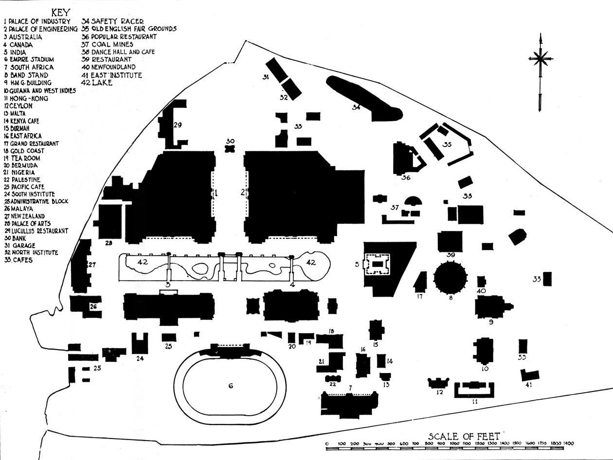 Plan over British Empire Exhibition, Wembley, der viser disposition af hovedbygninger, 1924 af Unbekannt