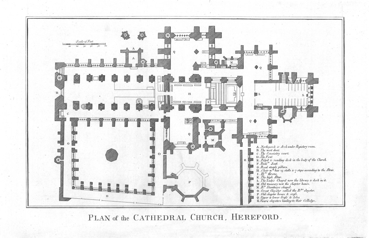 Plan over Cathedral Church, Hereford., slutningen af det 18. århundrede af Unbekannt