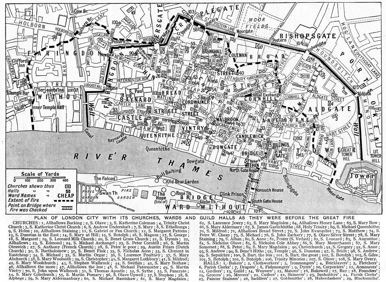 Plan over London City, der viser kirker, menigheder og laugssale, 1926-1927 af Unbekannt