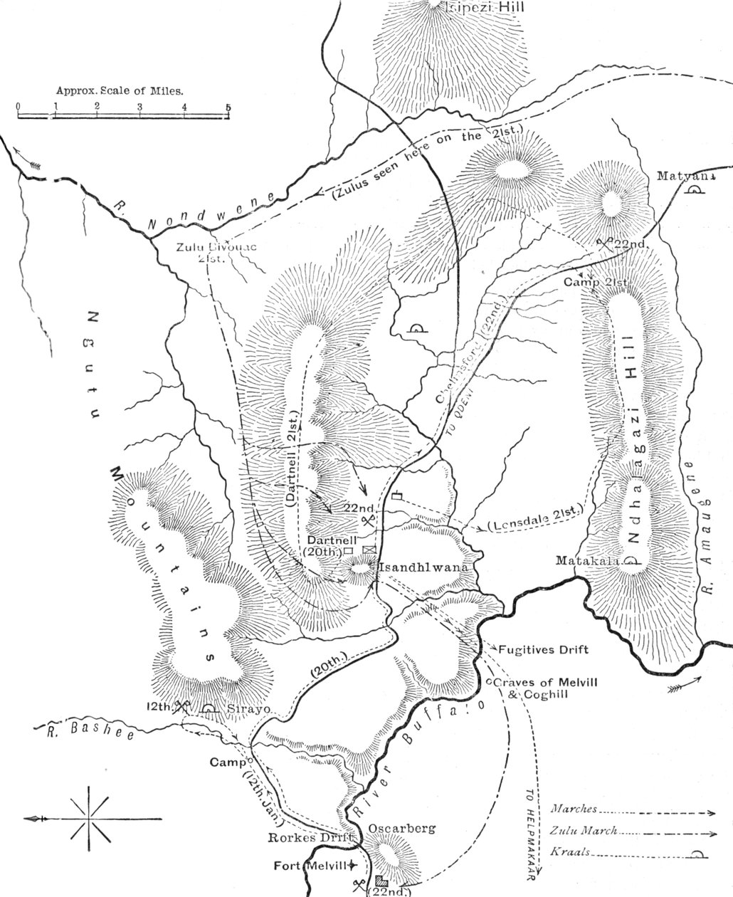 Plan for marcherne nær Isandhlwana mellem 12. og 22. januar 1879, c1880 af Unbekannt