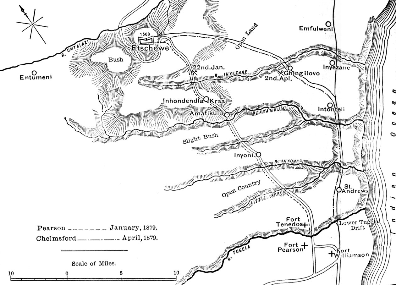 Plan over Marches of Pearson Jan. 1879 og Chelmsford april 1879 til Etschowe, c1880 af Unbekannt
