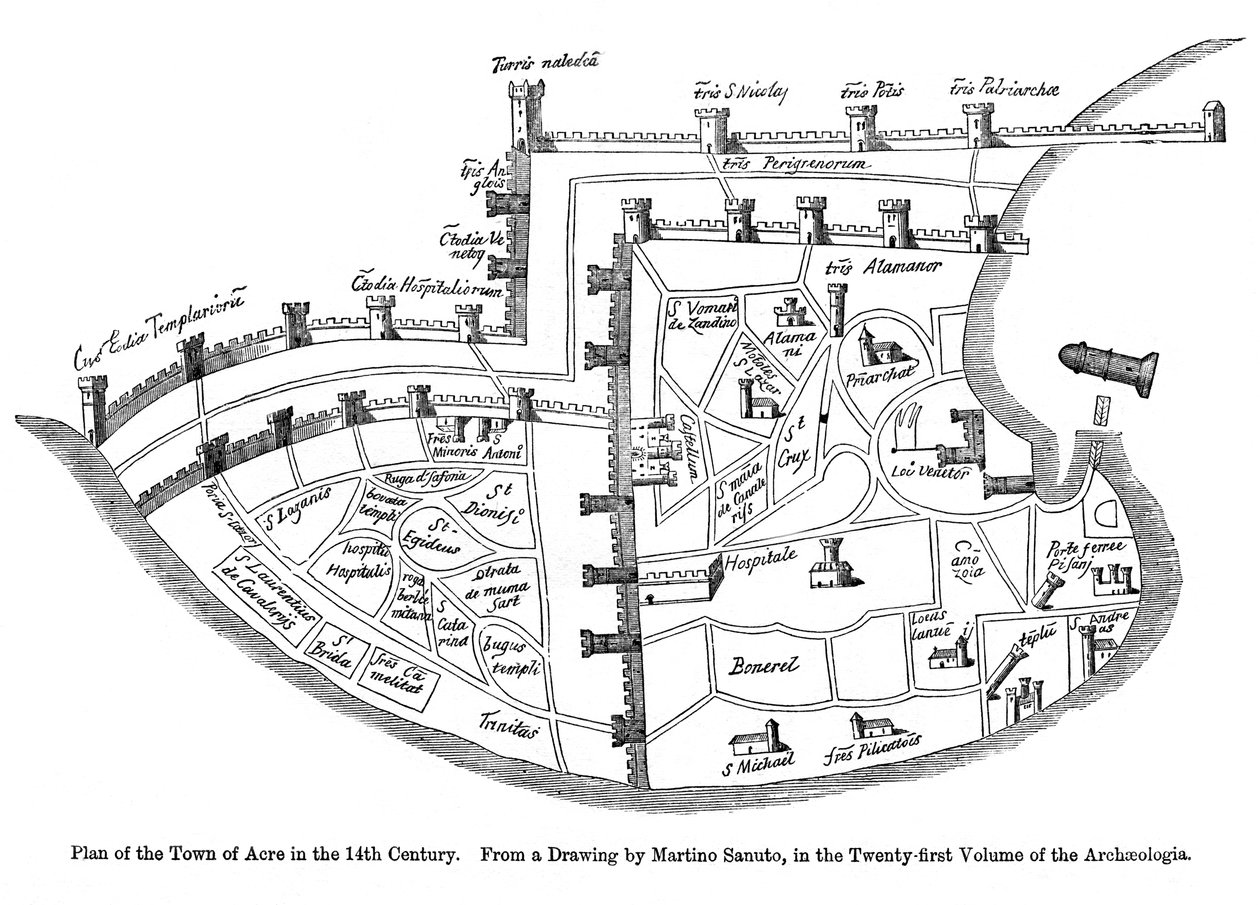 Plan over byen Acre, Palæstina, 1300-tallet af Unbekannt