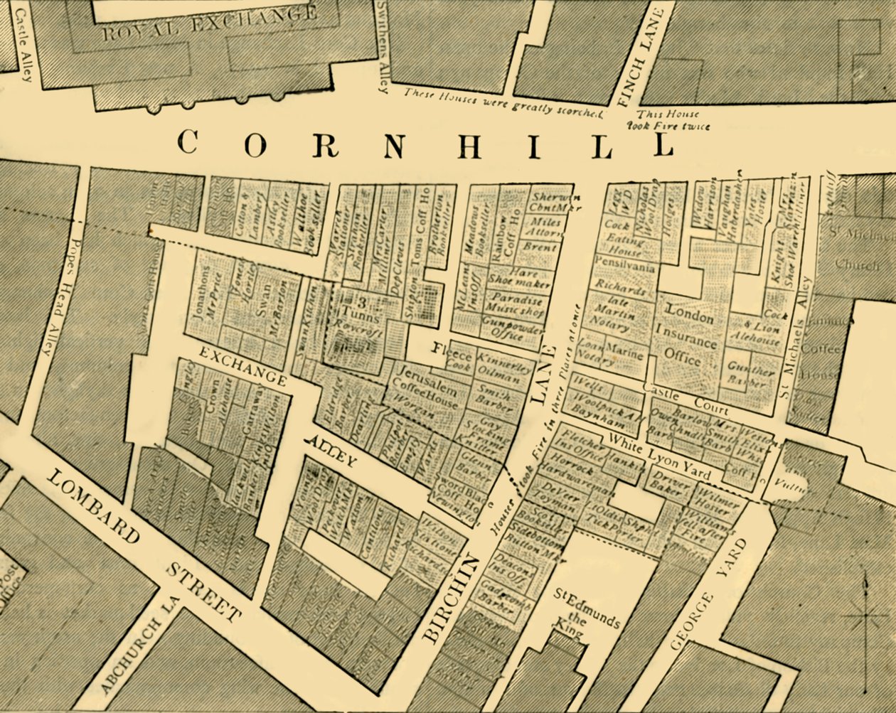 Plan, der viser omfanget af den store brand i Cornhill i 1748, c1872. af Unbekannt