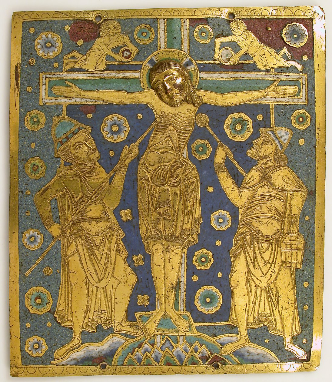 Plade med korsfæstelsen mellem Longinus og Stephaton og personifikationer..., tysk, c1200. af Unbekannt