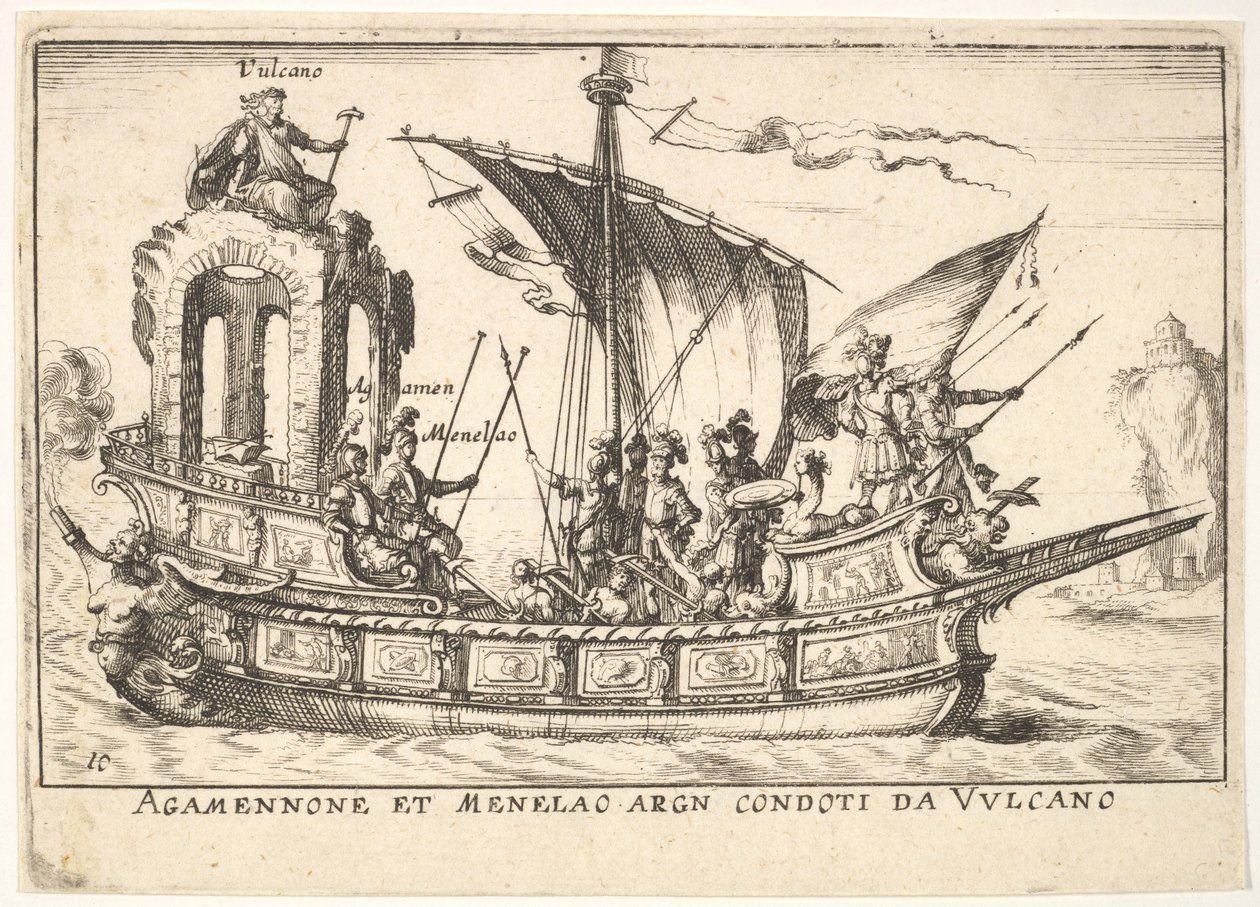 Plade 10: Agamemnon og Menelaos siddende i en båd ledsaget af andre figurer, inklusive V..., 1664. af Unbekannt