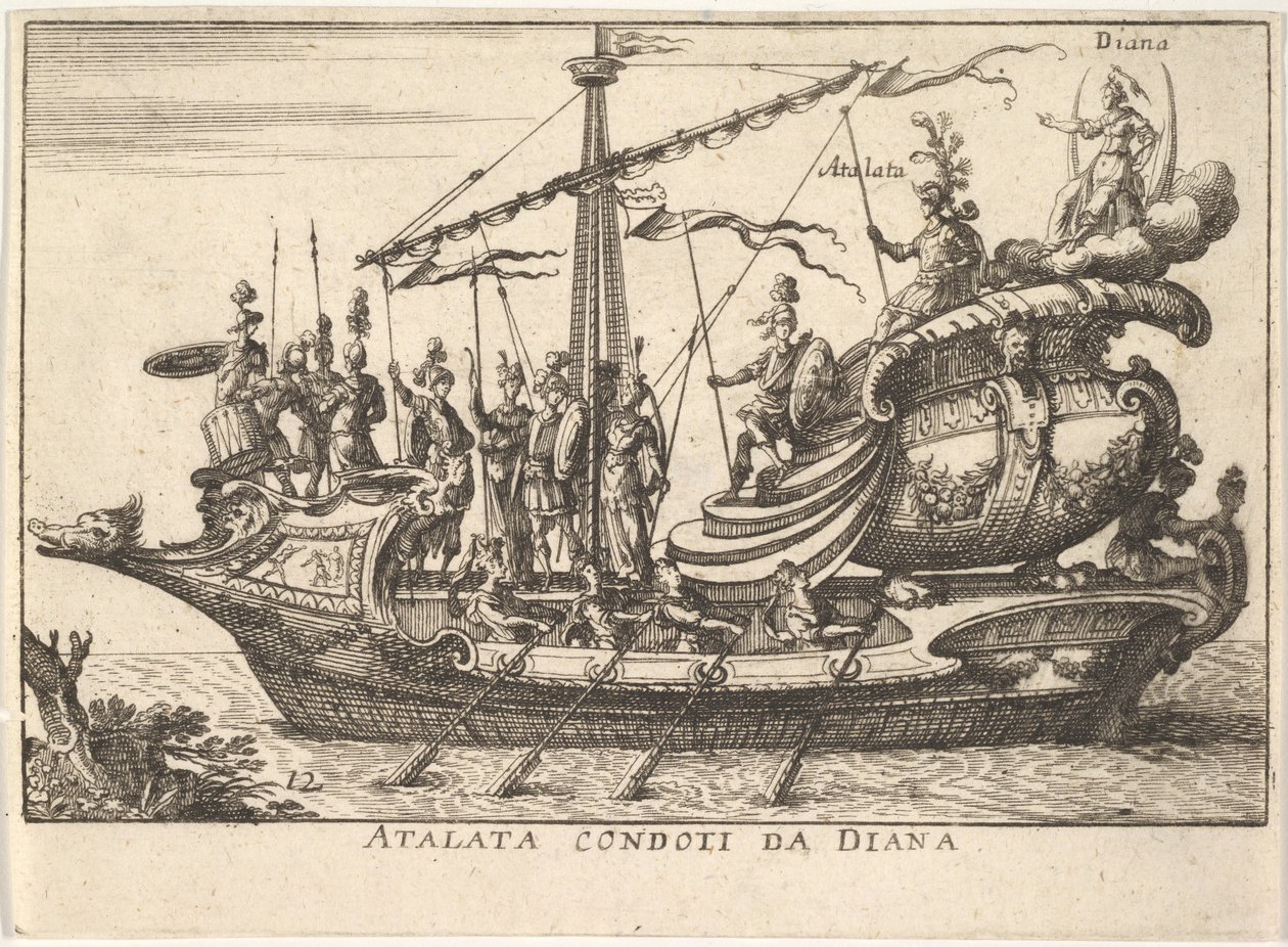 Plade 12: Atalanta ledet af Diana Atalanta condotti da Diana, ledsaget af krigere bearin..., 1664. af Unbekannt