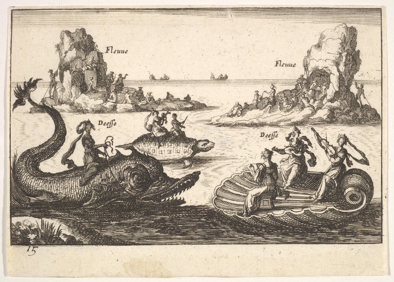 Plade 15: Floder og gudinder, med flydende øer styret af stangbærere, kvindefigur..., 1664. af Unbekannt