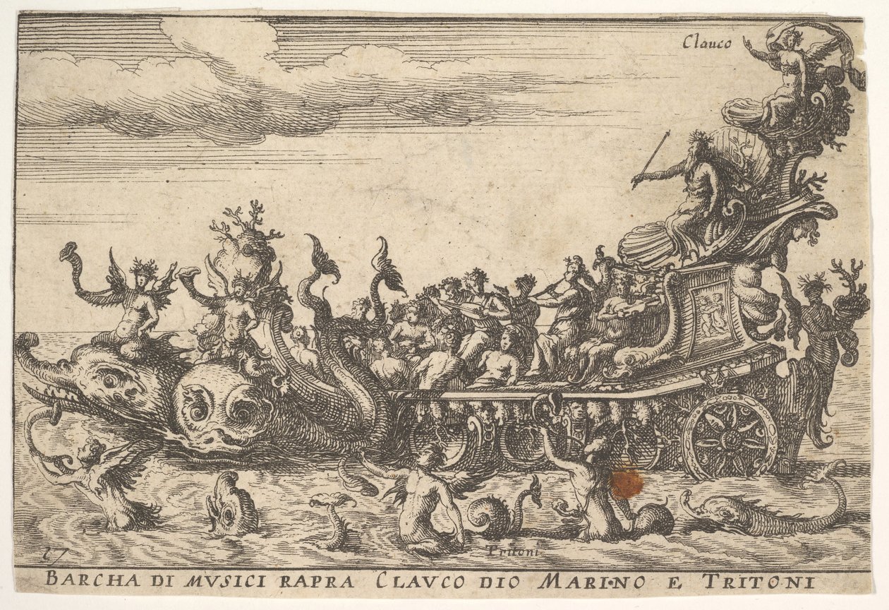 Plade 16: Skib af musikere med havguden Claucus og tritons Barcha di musici rapra C..., 1664. af Unbekannt