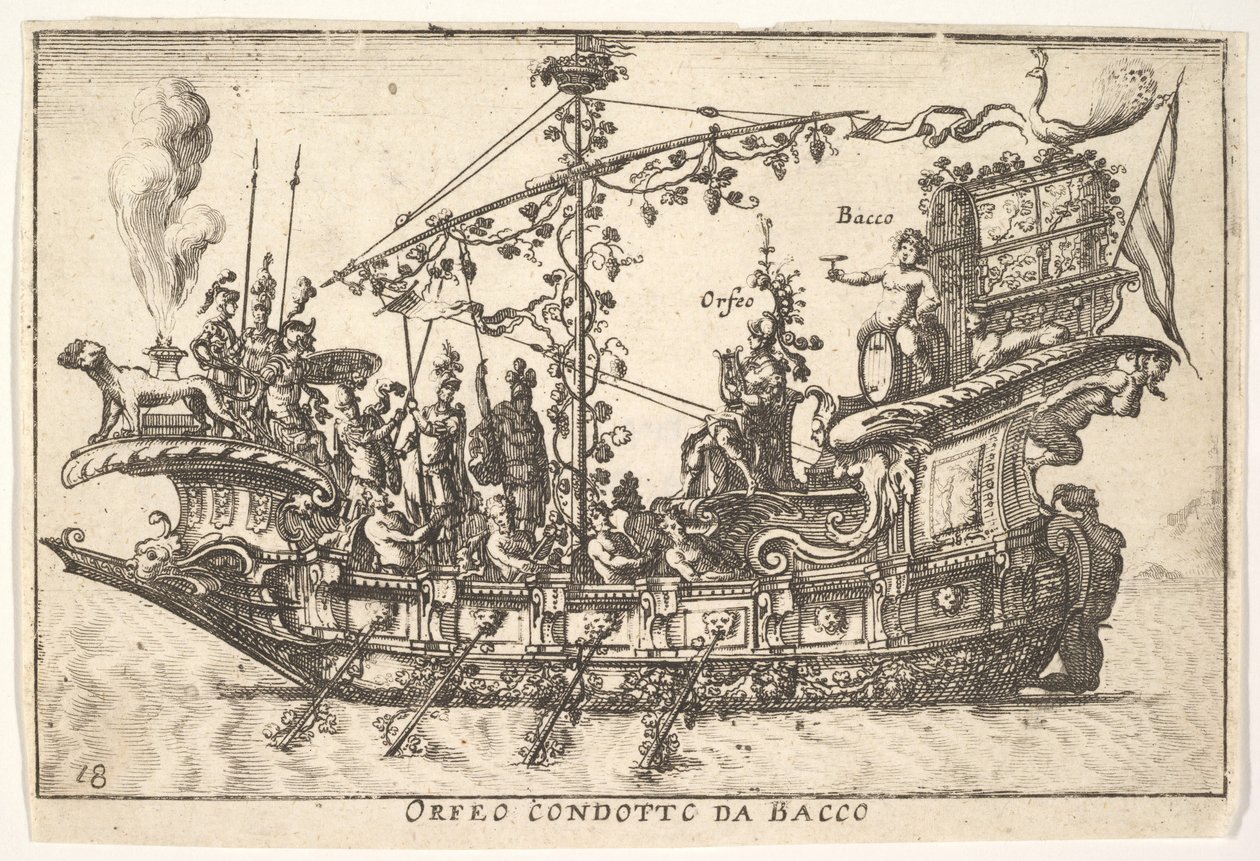 Plade 18: Orpheus ledet af Bacchus Orfeo ledet af Bacchus, fra serien The magnifice ..., 1664. af Unbekannt