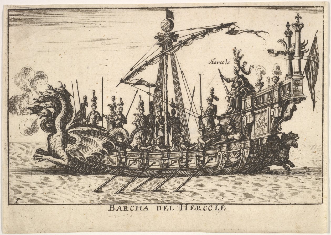 Plade 1: Hercules Barcha del Hercoles skib, med dragehoved stævn og Hercules på pl..., 1664. af Unbekannt