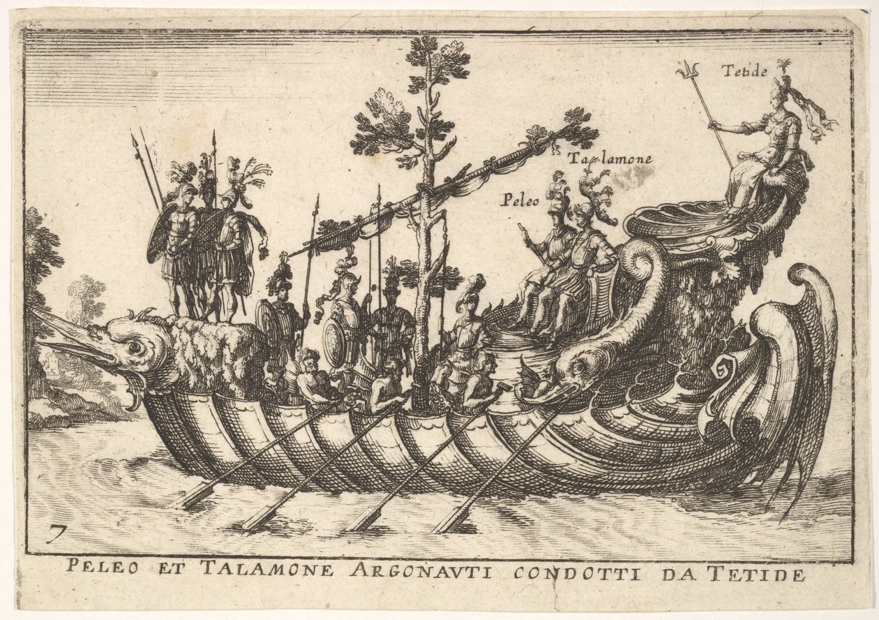 Plade 7: Peleus og Talamone ledet af Argonauterne fra Tetides, fra The magnificent pageant on t..., 1664. af Unbekannt