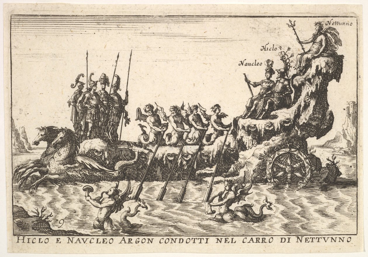 Plade 9: Argonauterne Hicleus og Naucleus førte i flyderen af Neptun Hicleo e Naucleo Argo..., 1664. af Unbekannt