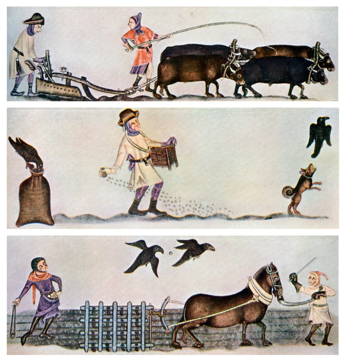 Pløjning, såning og harvning, c1300-1340, c1900-1920 af Unbekannt