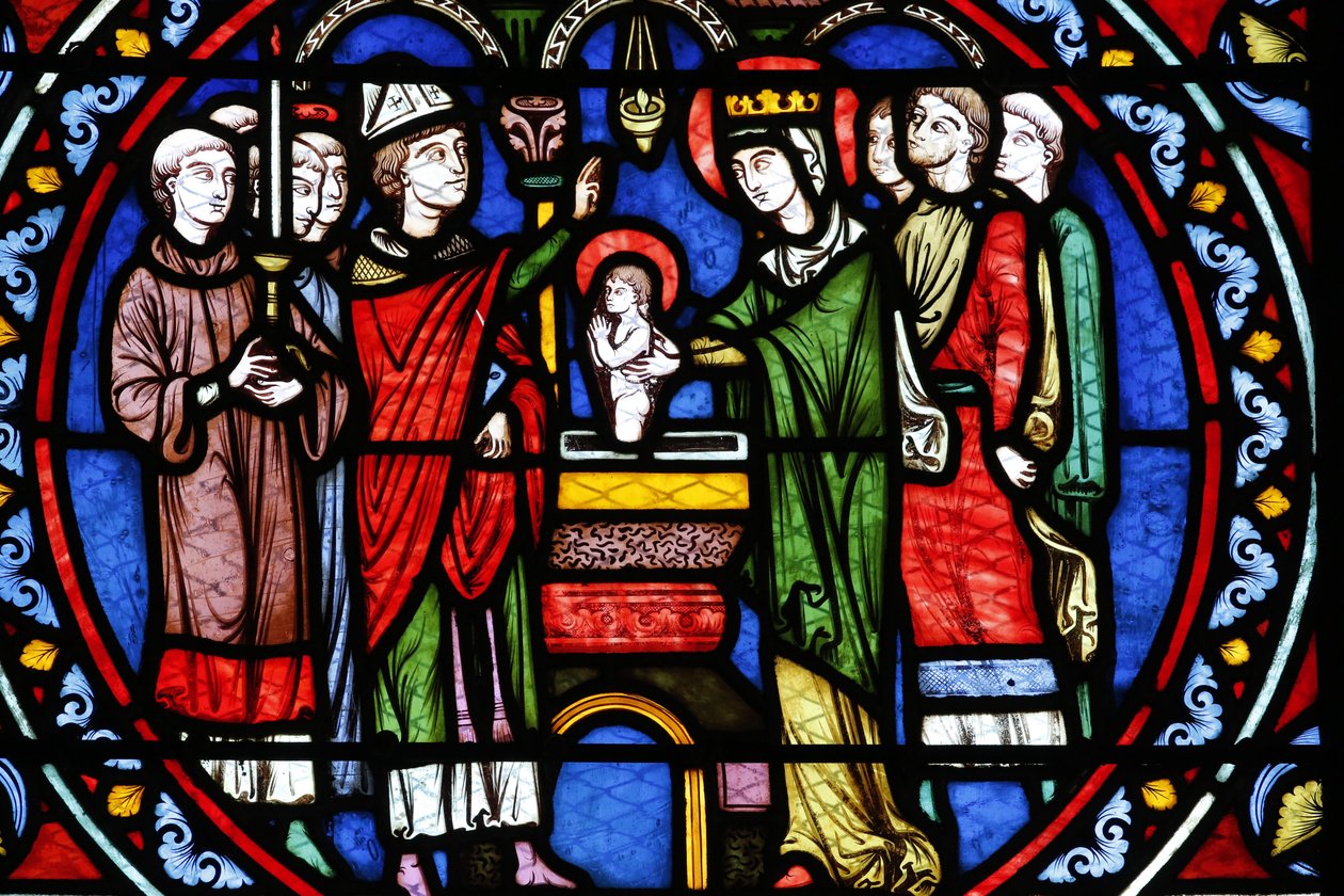 Poissy kollegiale kirke. Glasmosaik vindue. Dåb af Saint Louis, Poissy, Frankrig af Unbekannt