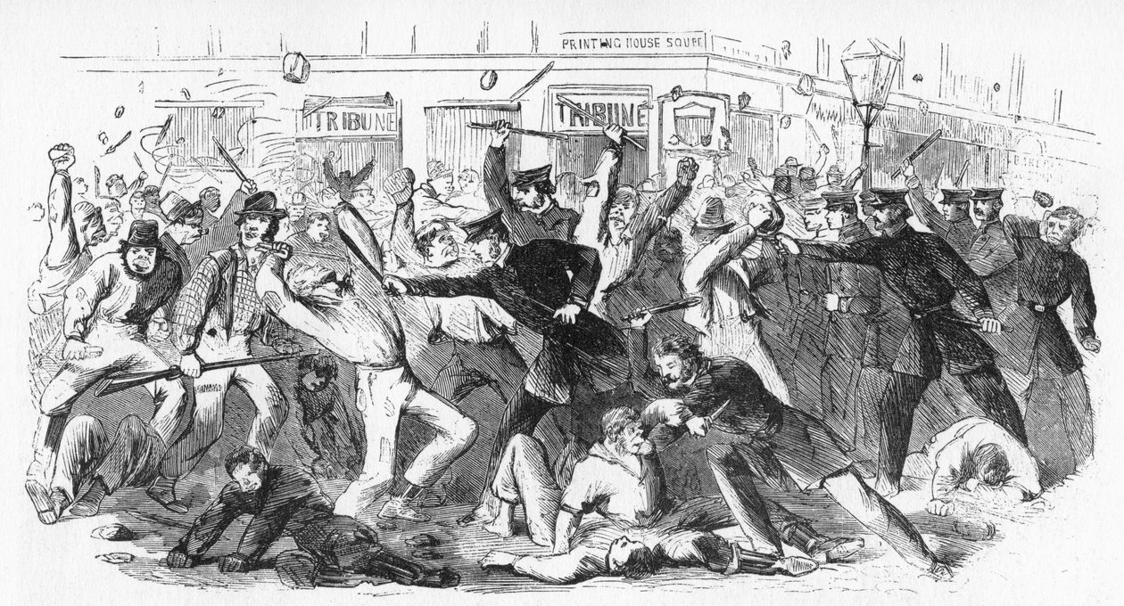 Politiet sigter oprørere på The Tribune Office, c1860