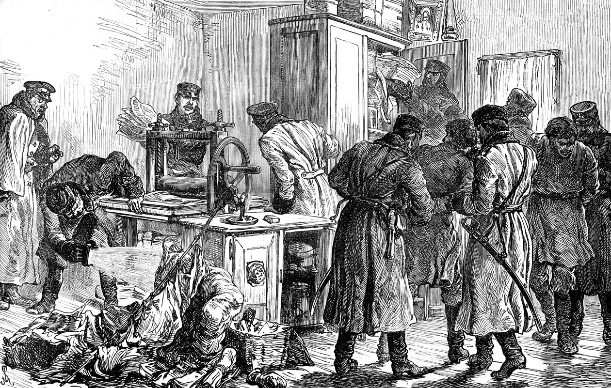 Politi opdager en nihilist trykkeri, Skt. Petersborg, Rusland, 1887 af Unbekannt