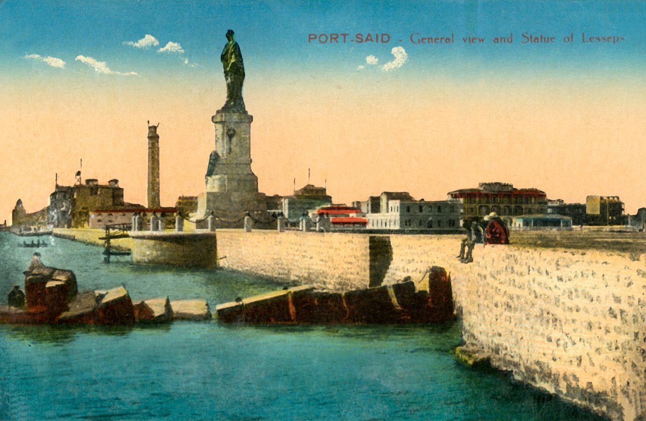 Port-Said - Generelt billede og statue af Lesseps, c1918-c1939. af Unbekannt